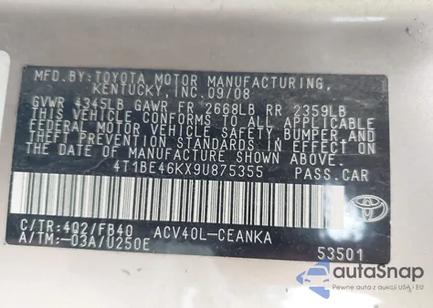 2009 Toyota Camry Le из США, поврежденный, VIN 4T1BE46KX9U875355